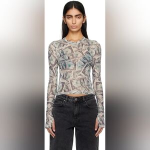 KSUBI | Paper Money Allover Graphic Long Sleeve Tee Thumbholes Sheer Top XS